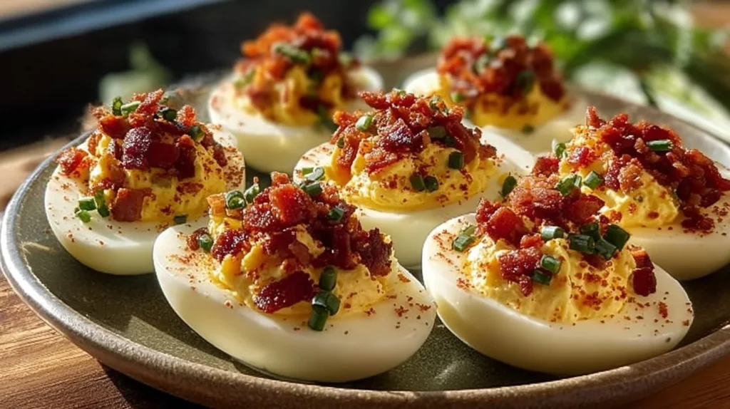 Loaded bacon and chive deviled eggs garnished with fresh herbs.