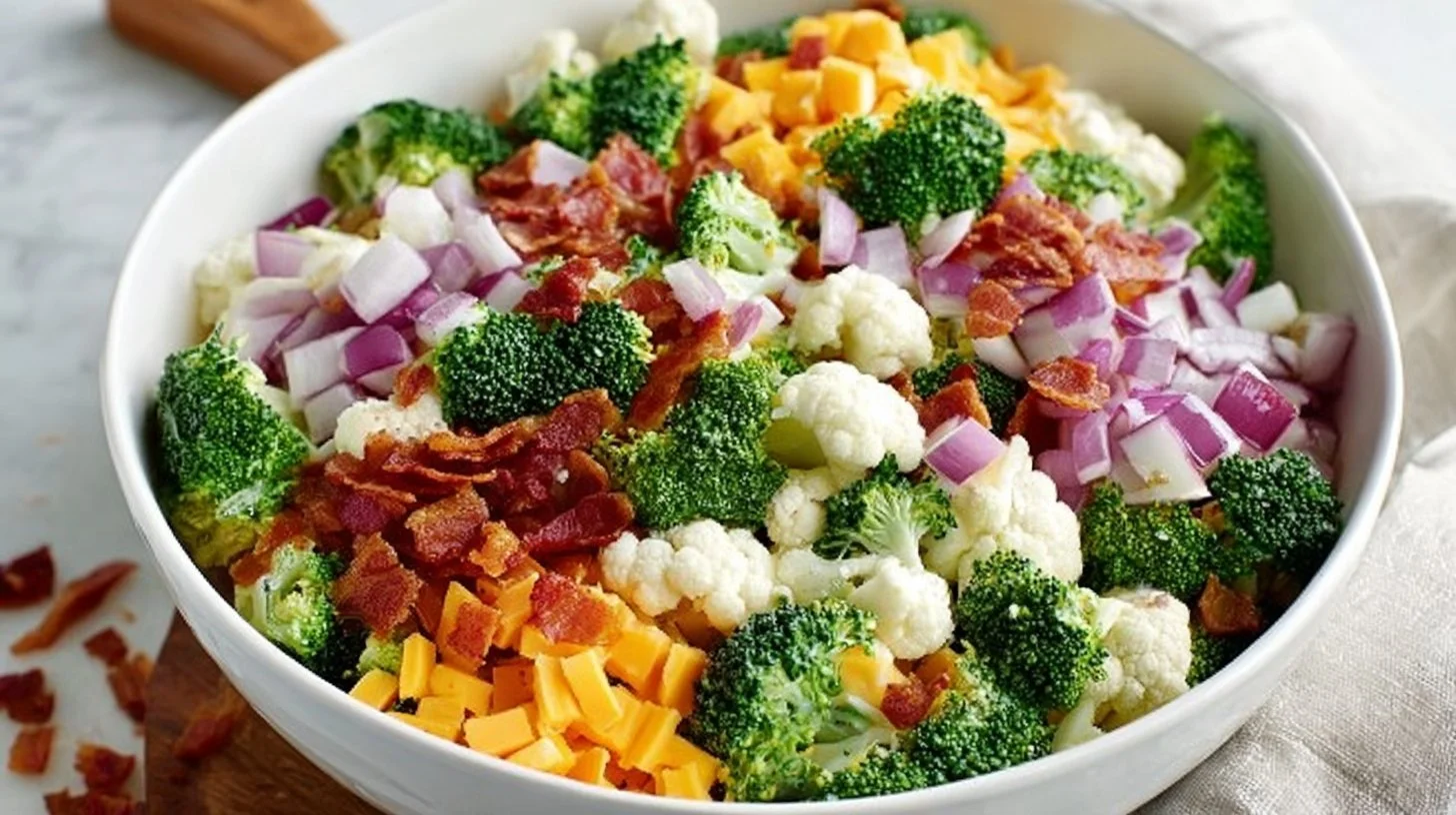 A vibrant Loaded Broccoli Salad with fresh veggies and dressing in a bowl