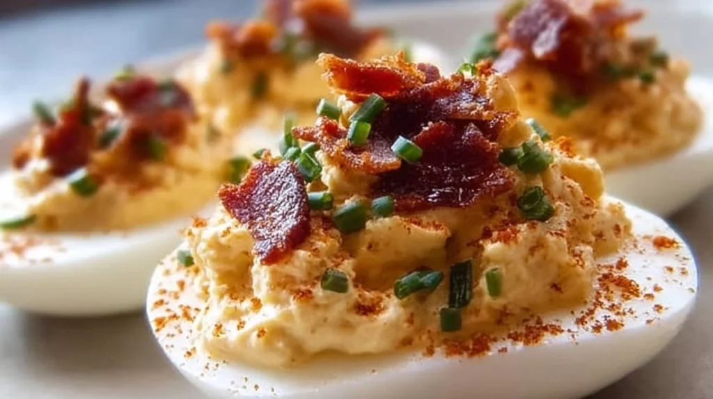 Delicious Million Dollar Bacon Deviled Eggs garnished with crispy bacon bits.