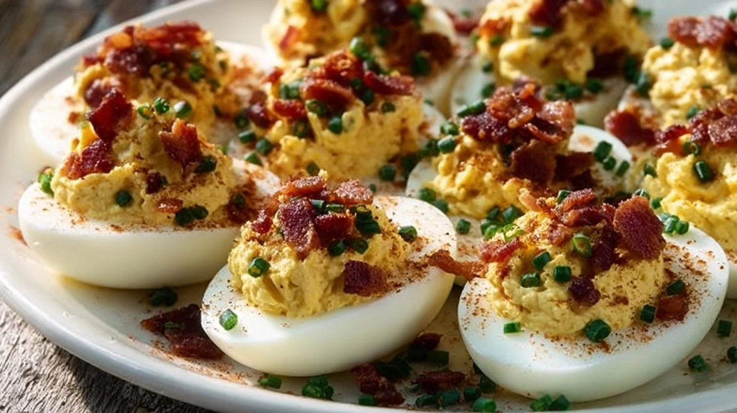 Million Dollar Deviled Eggs recipe with creamy filling and garnishes
