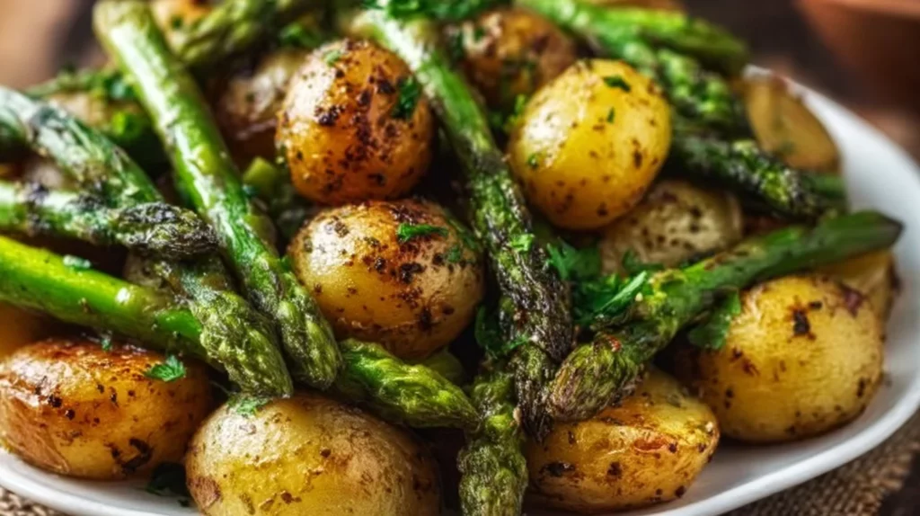 Delicious one-pan garlic potatoes and asparagus dish for easy cooking.