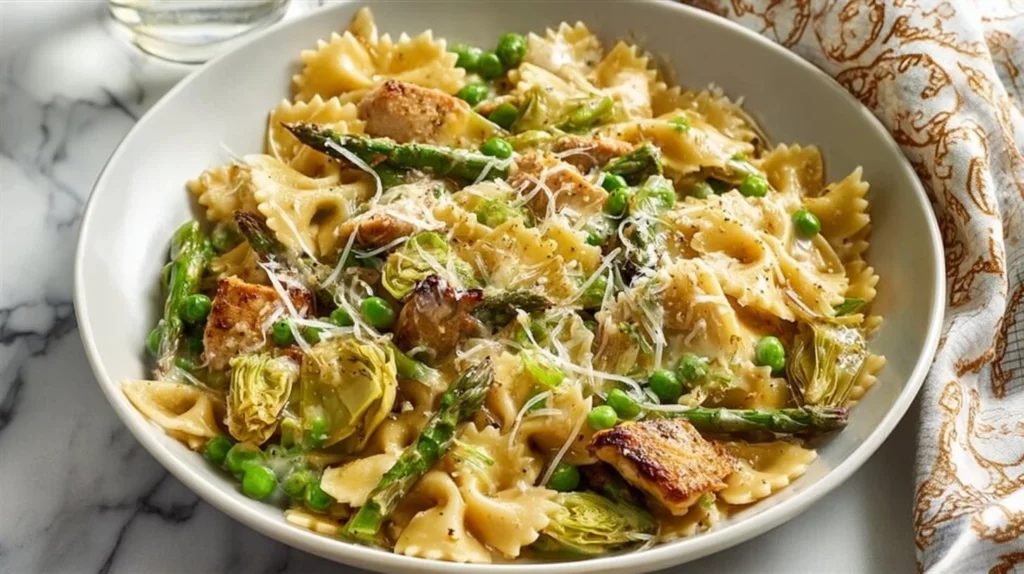 One-pot creamy chicken pasta primavera with fresh vegetables and herbs