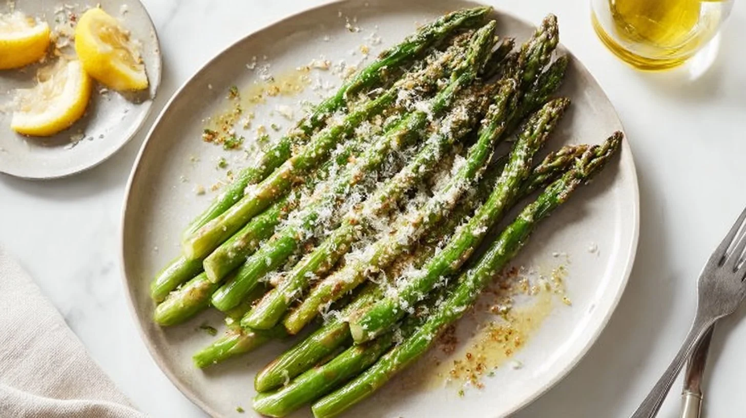 Oven Baked Asparagus with Parmesan ready to be served on a plate