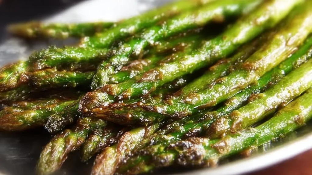 Delicious oven roasted asparagus served on a white plate.