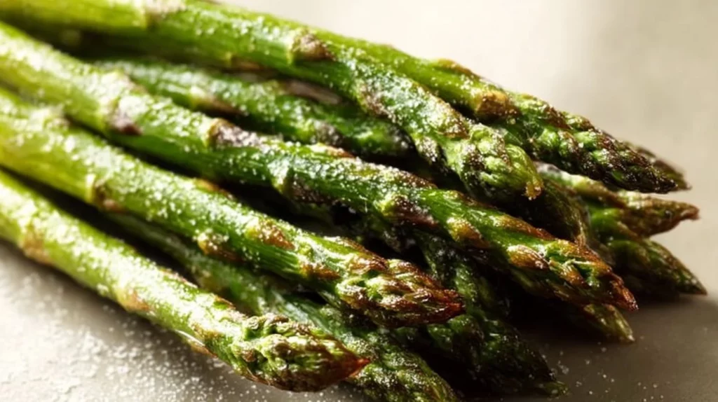 Oven roasted asparagus drizzled with olive oil and seasoning on a baking sheet