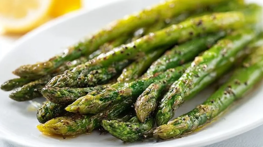 Deliciously seasoned oven roasted asparagus on a baking tray