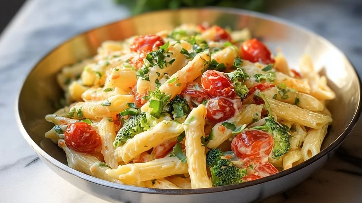 Delicious bowl of Pasta Primavera with colorful vegetables and fresh herbs.