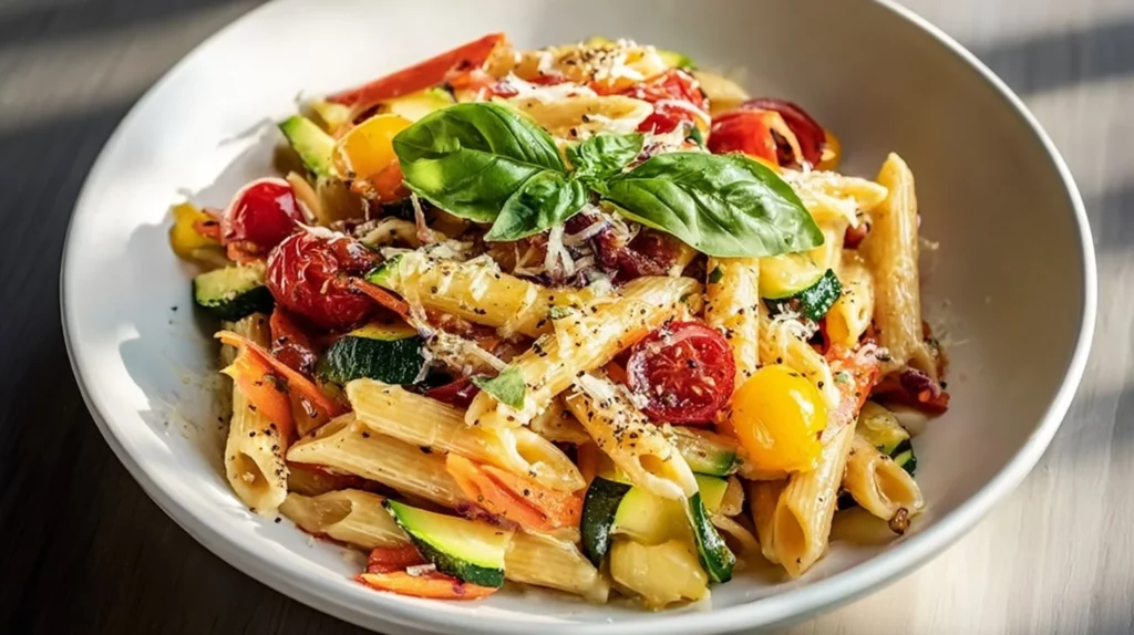 A colorful bowl of Pasta Primavera with fresh vegetables and pasta