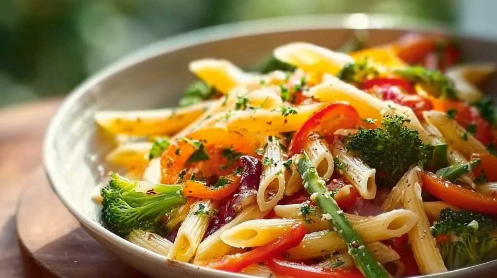Vibrant Pasta Primavera garnished with fresh vegetables and herbs