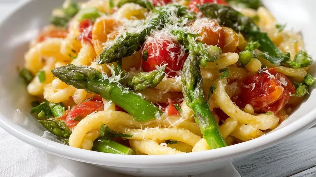 Pasta with asparagus and cherry tomatoes in a vibrant dish.