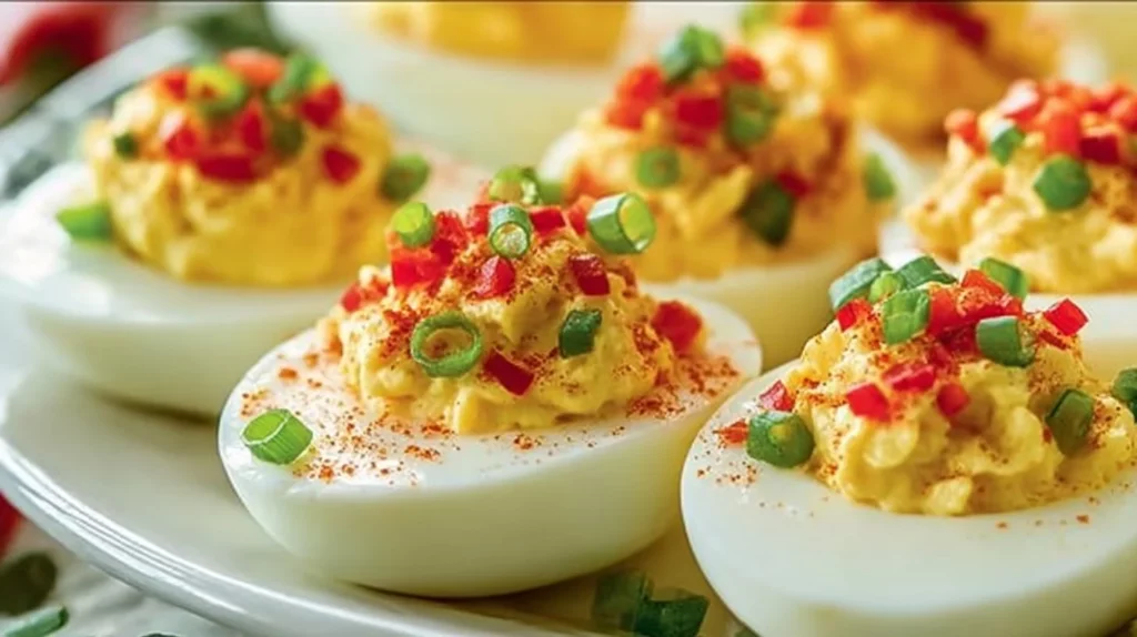 Pimento cheese deviled eggs topped with paprika and chives on a serving platter.
