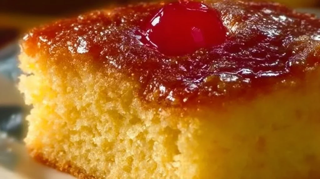 Delicious Pineapple Upside-Down Cake served on a vintage plate