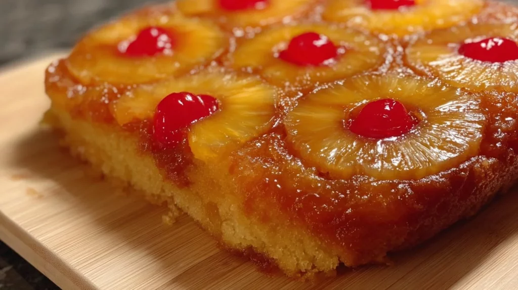 Homemade Pineapple Upside Down Cake topped with caramelized pineapple slices