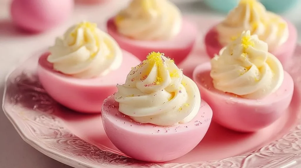 Pretty Pink Deviled Eggs garnished with herbs for a colorful appetizer