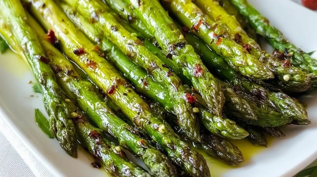 Plate of perfectly roasted asparagus with seasoning.