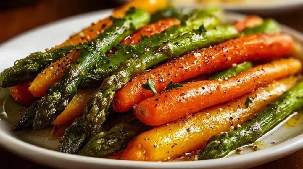 Roasted asparagus and carrots freshly baked for a healthy side dish.