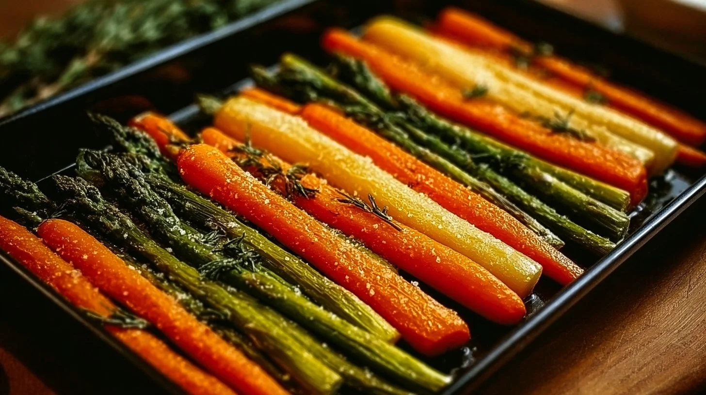 Oven-roasted asparagus and carrots served as a vibrant Easter side dish.