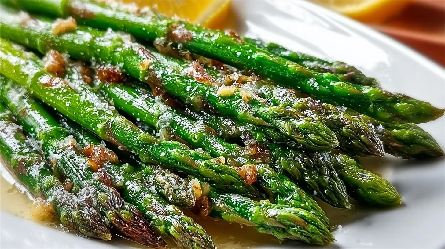 Delicious roasted asparagus with garlic and lemon on a serving plate