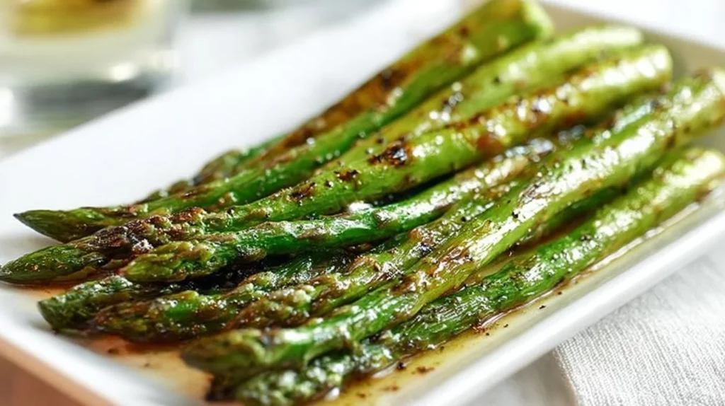 Roasted asparagus drizzled with balsamic browned butter on a white plate