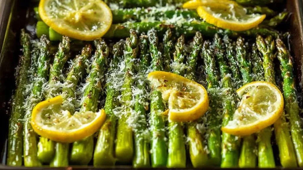 Plate of roasted asparagus with lemon, butter, and parmesan topping