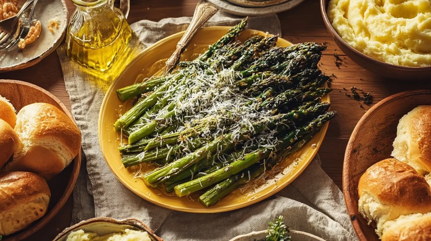 Roasted asparagus topped with grated parmesan cheese on a plate