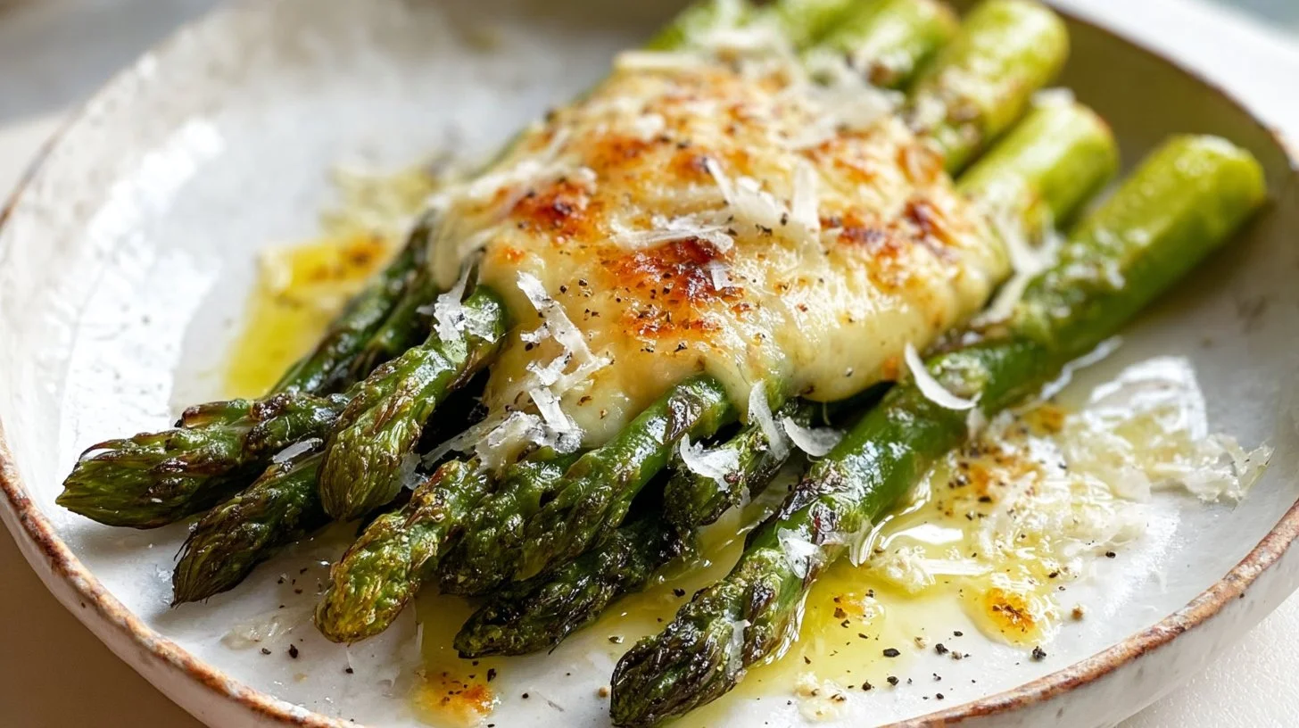 Delicious roasted asparagus with grated Parmesan cheese on a serving plate