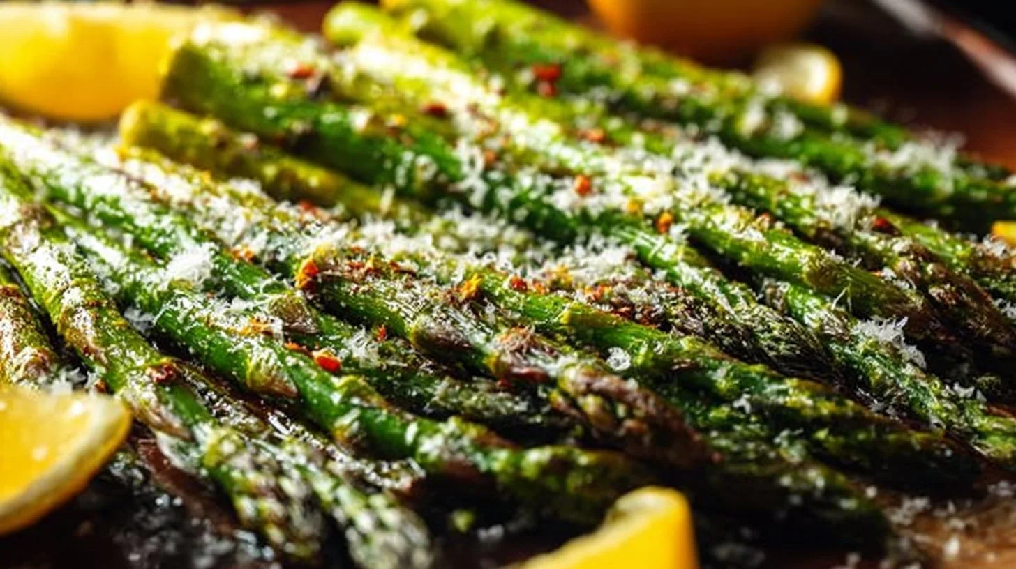 Plate of roasted asparagus topped with parmesan cheese and lemon slices