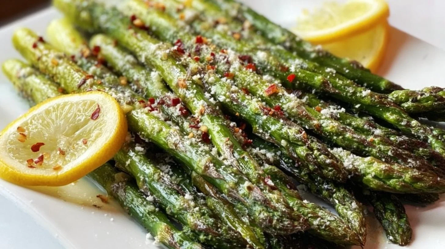 Plate of roasted Parmesan asparagus garnished with herbs and spices
