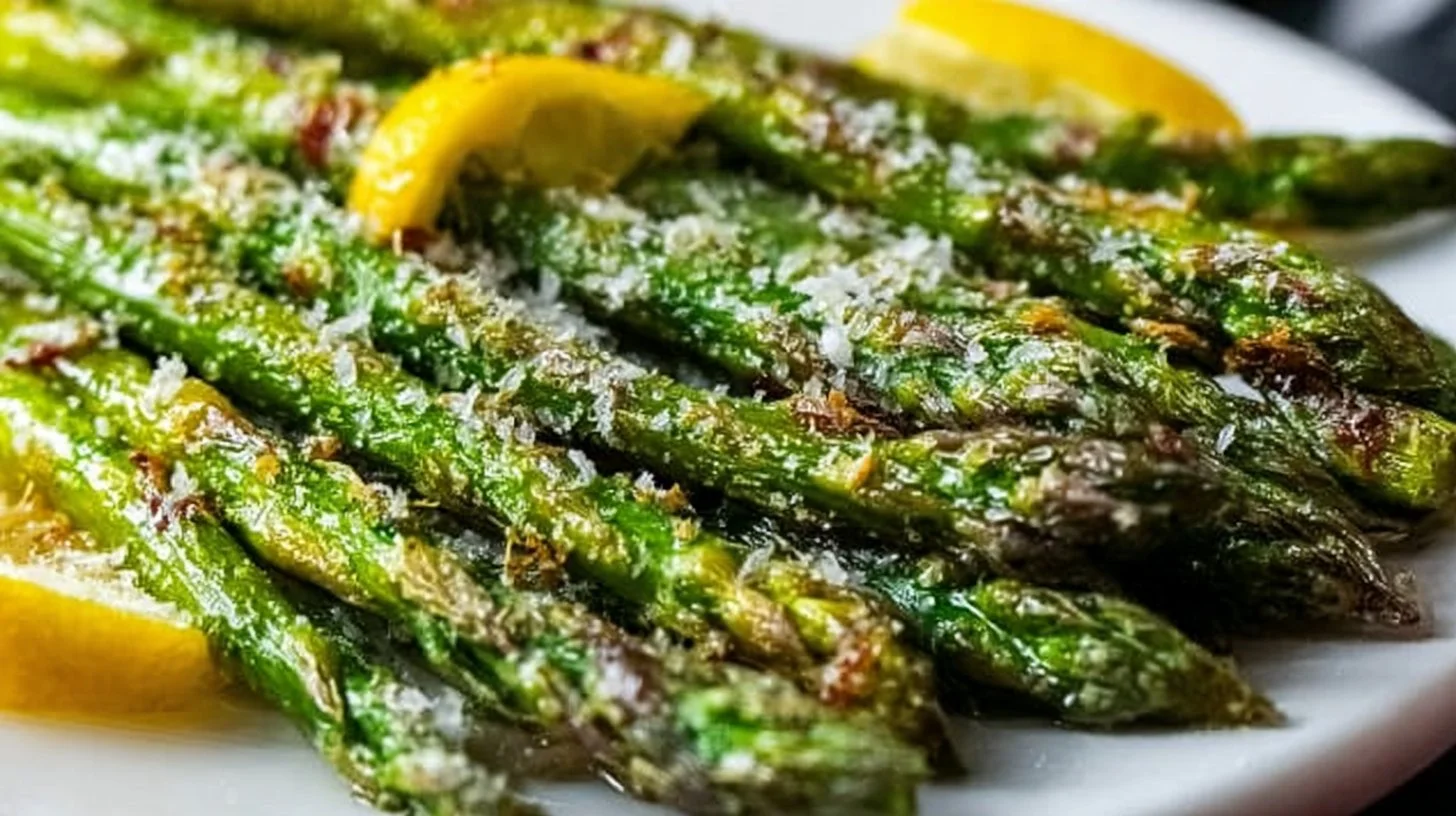 Roasted Parmesan asparagus dish garnished and ready to serve.