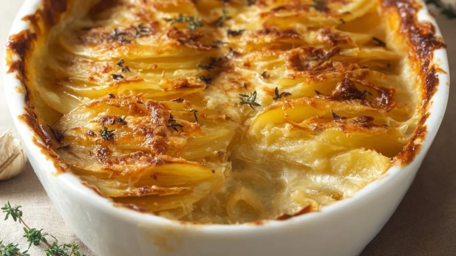 Delicious scalloped potatoes baked to perfection with cheese and cream