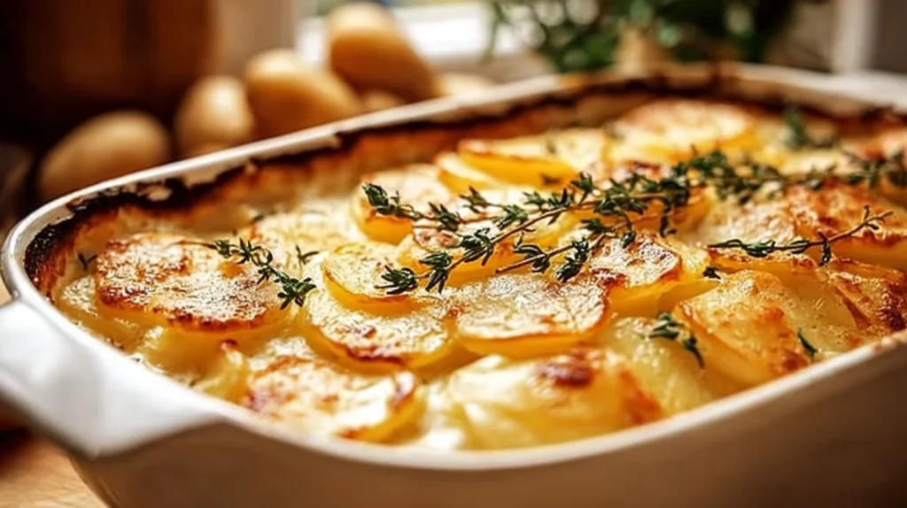 Delicious and creamy scalloped potatoes served in a baking dish.