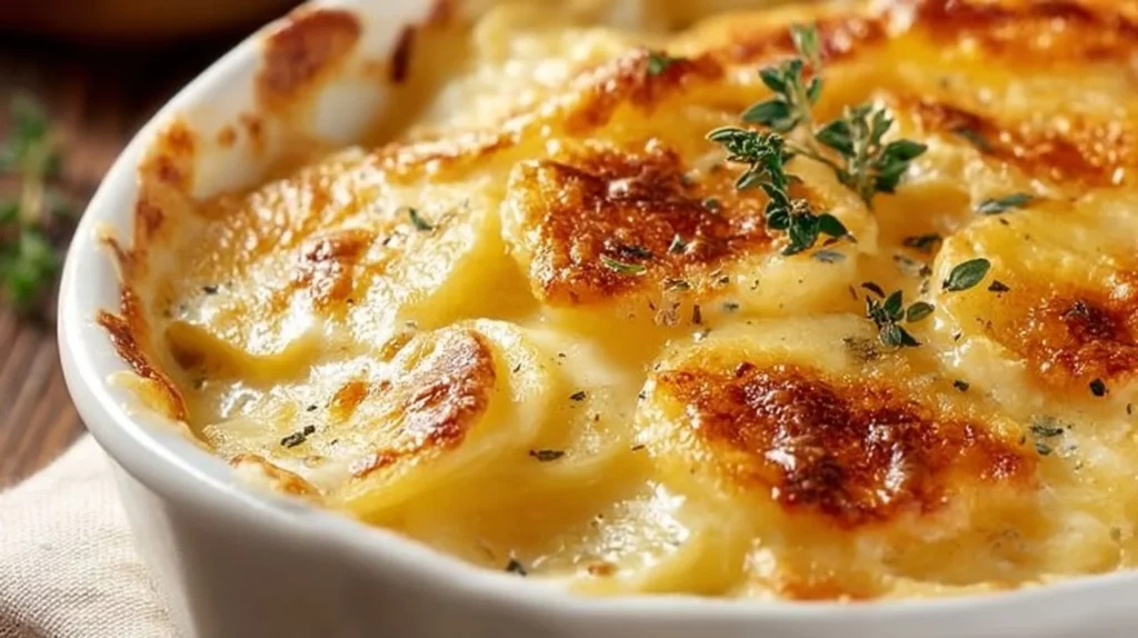 Creamy scalloped potatoes baked to perfection, layered with cheese and herbs.