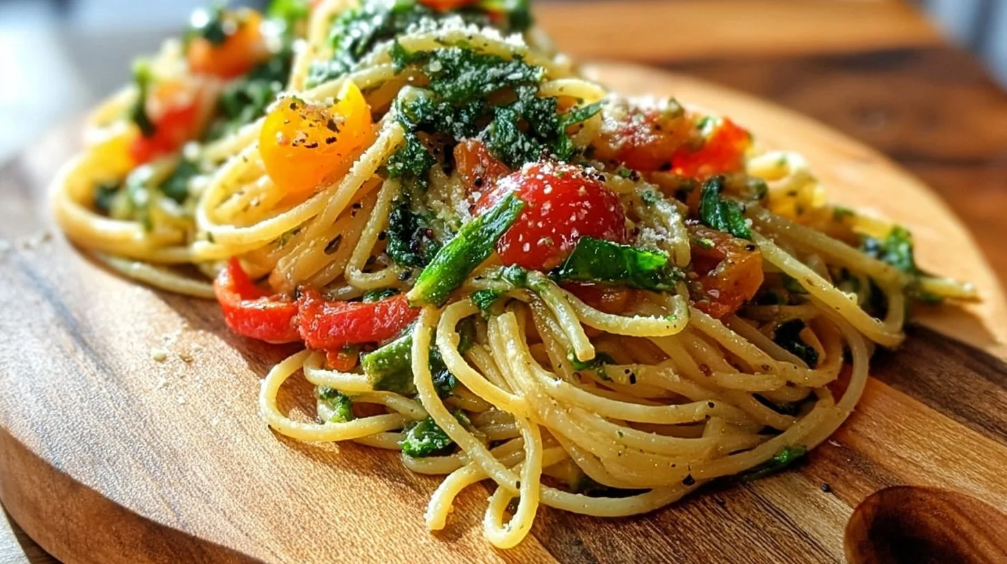Colorful veggie pasta primavera with assorted fresh vegetables