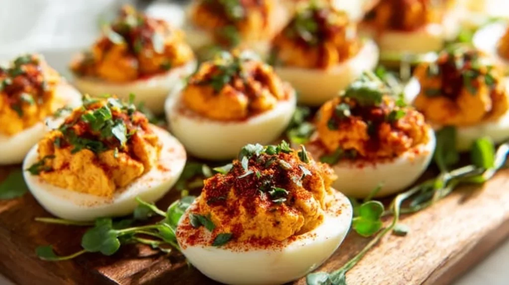 Delicious Spanish deviled eggs garnished with spices and herbs