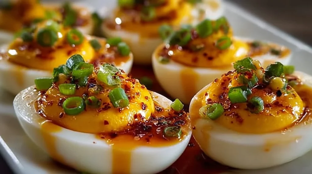 Spicy Chili Garlic Deviled Eggs topped with chili and garlic seasoning.