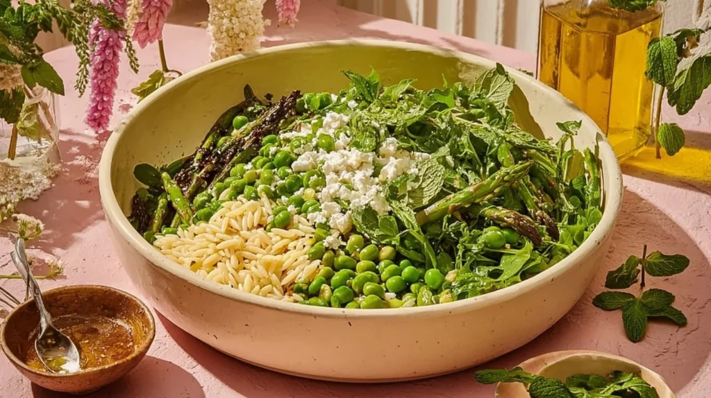Colorful Spring Orzo Pasta Salad with fresh vegetables and herbs