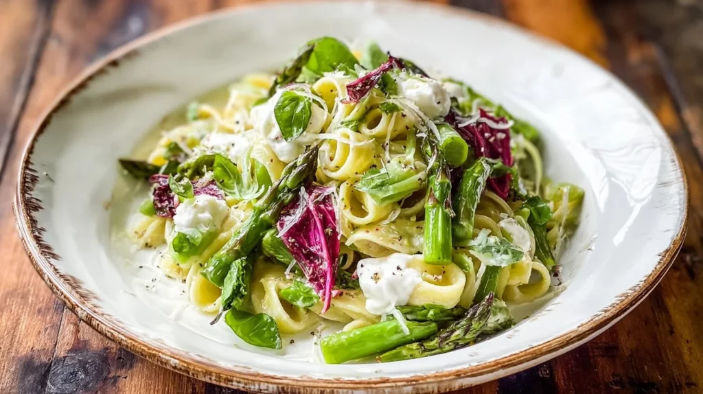 Spring pasta dish with leek and pea sauce garnished with herbs.