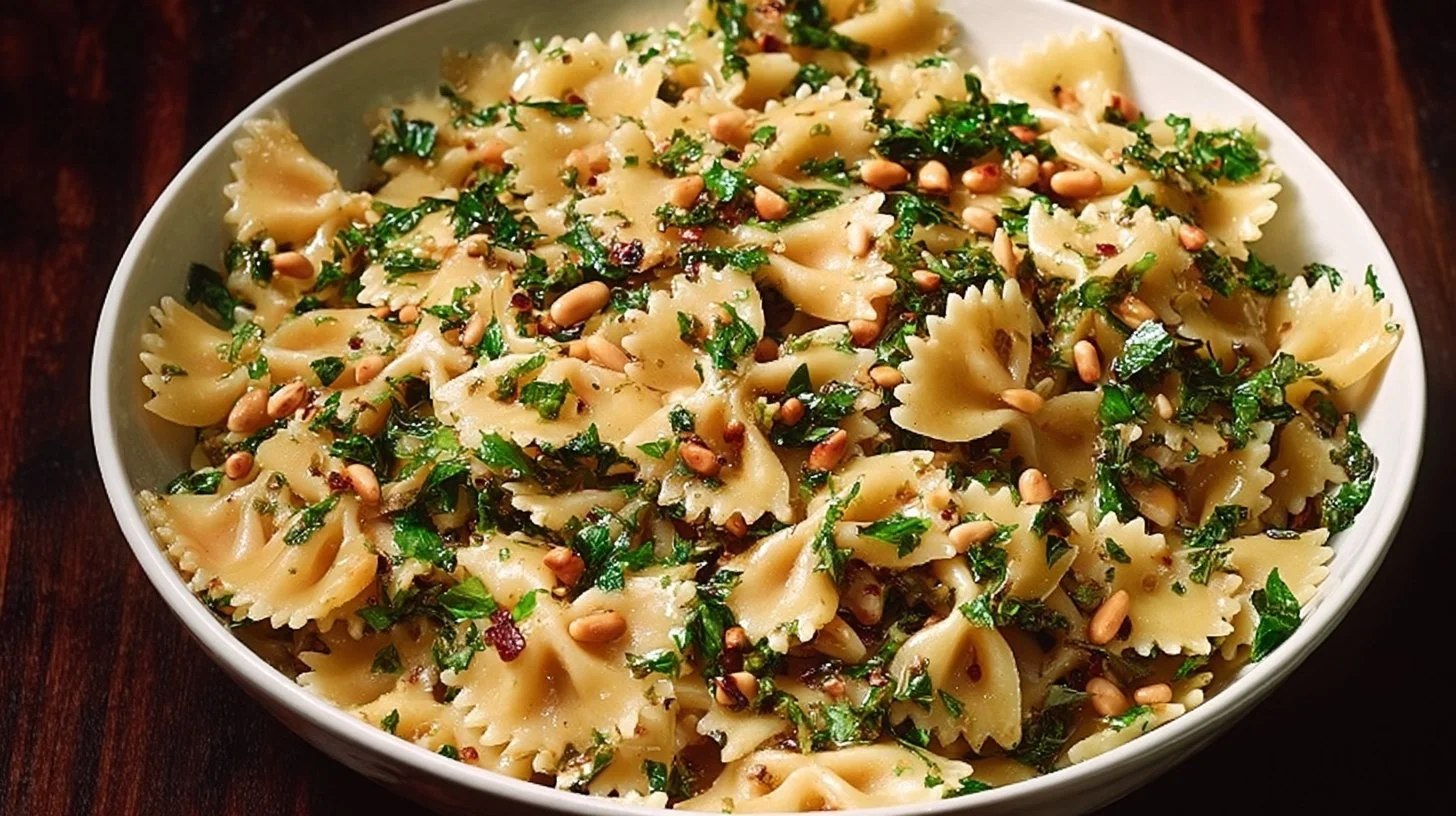 A colorful plate of summer pasta with fresh vegetables and herbs.