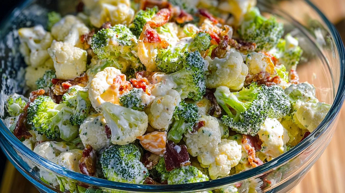 Sweet broccoli cauliflower salad with vibrant vegetables and dressing