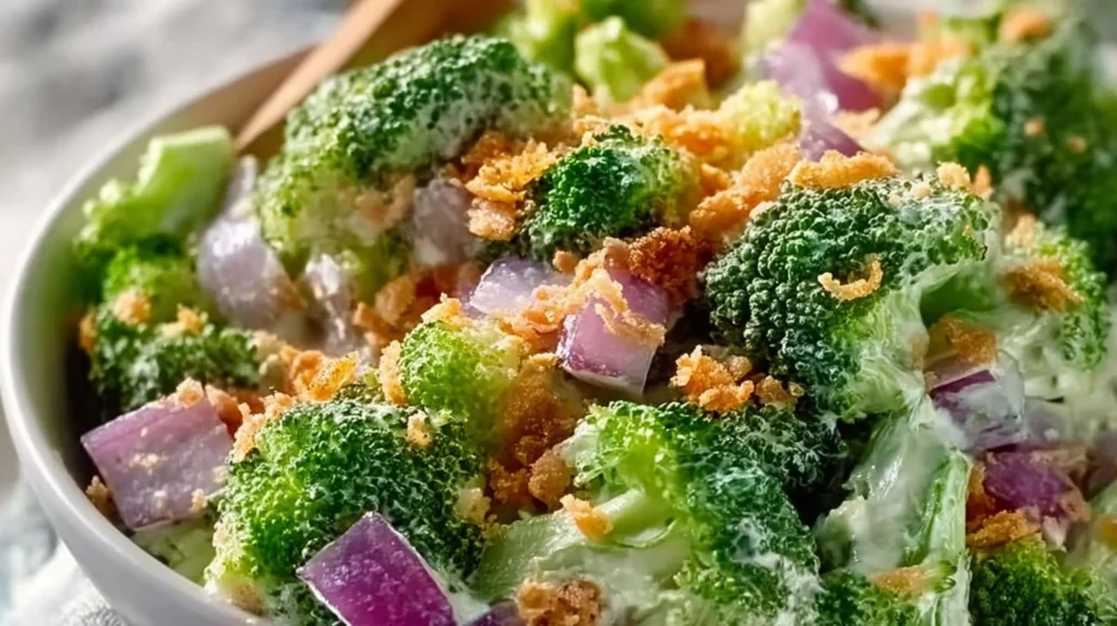 Colorful bowl of the best broccoli salad with fresh ingredients and dressing