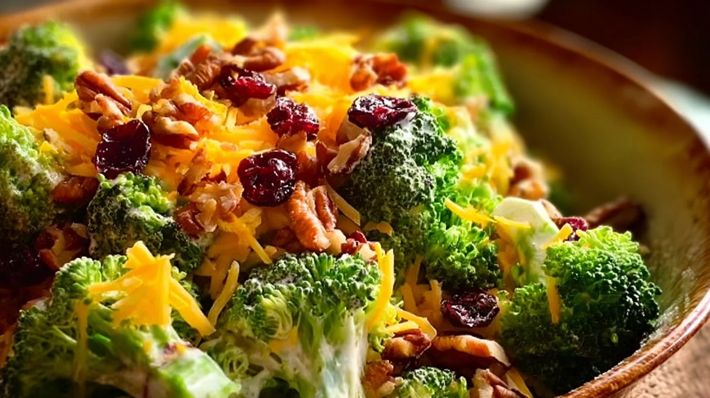 Delicious broccoli salad with crunchy ingredients and vibrant colors.