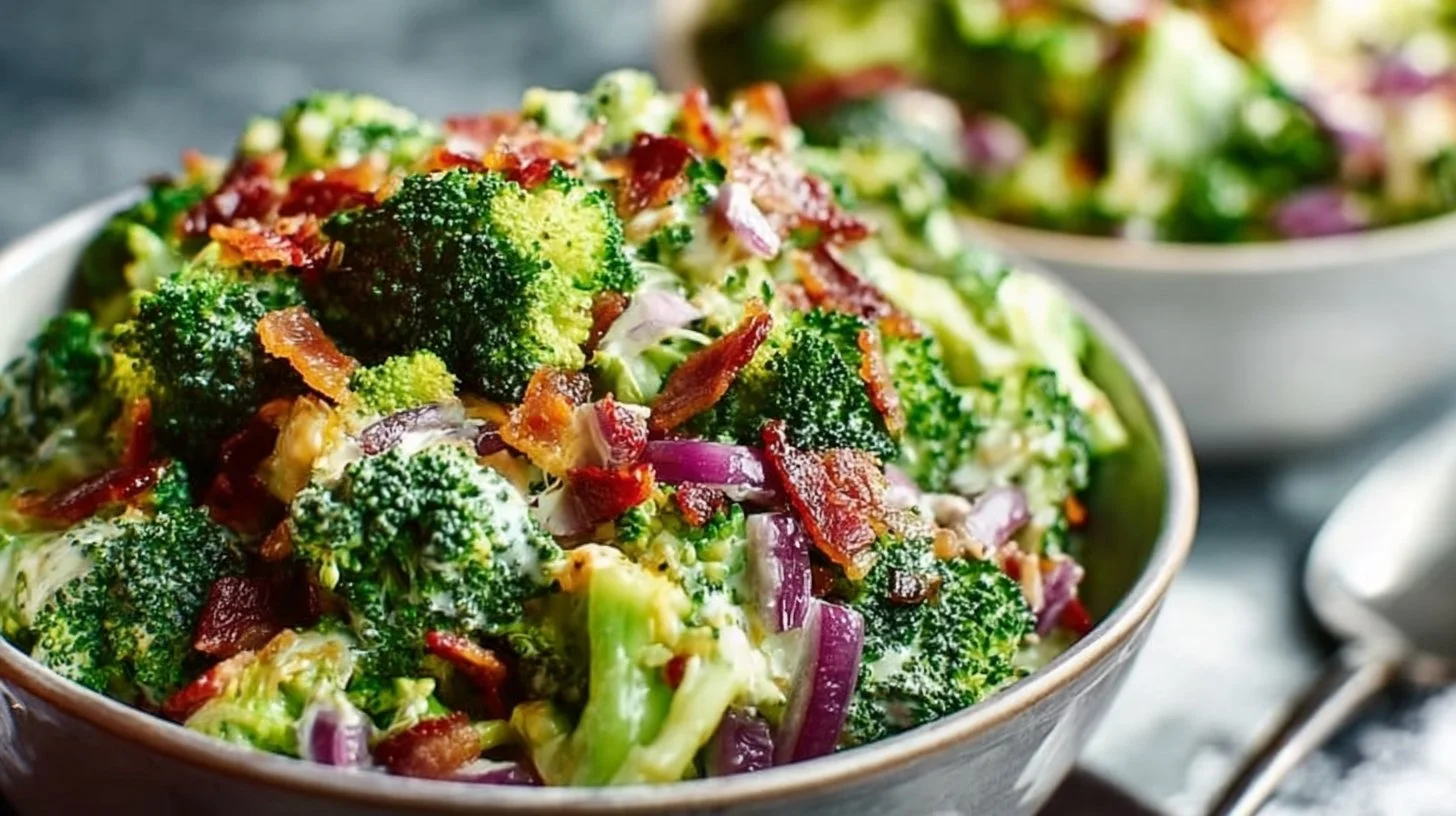 A colorful bowl of crunchy and flavorful broccoli salad with assorted vegetables.
