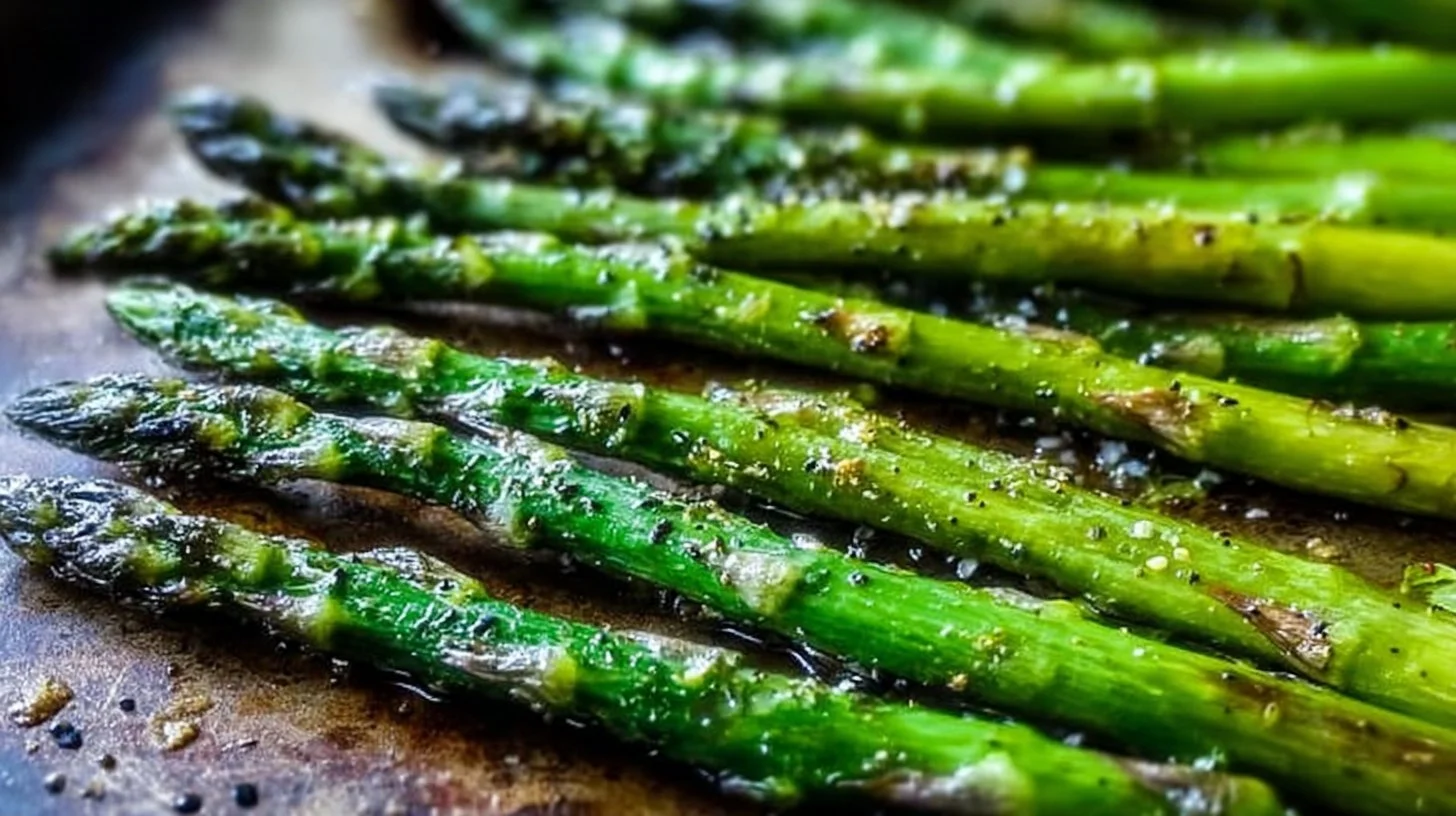 Plate of oven roasted asparagus garnished and ready to serve