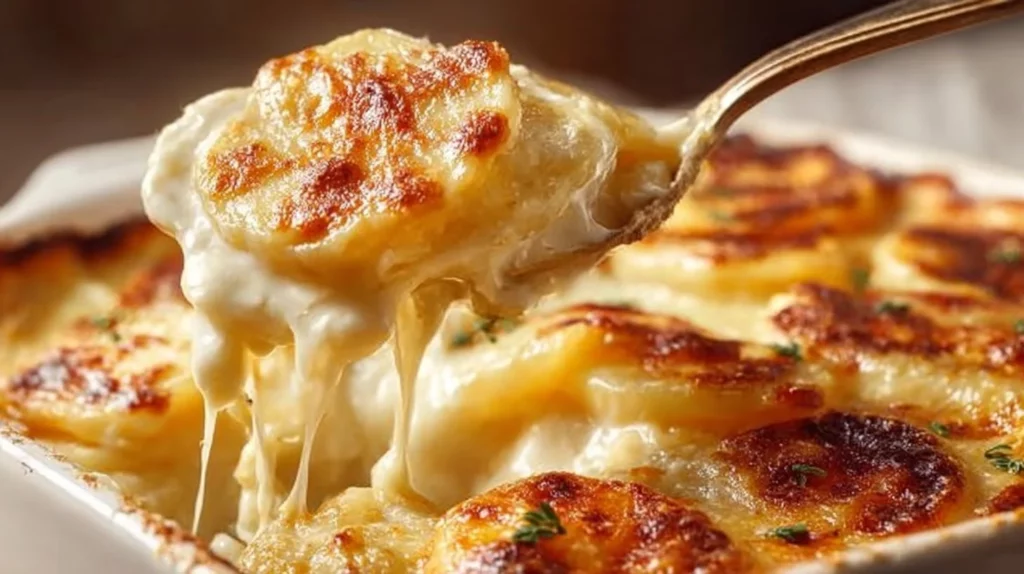 Ultimate cheesy scalloped potatoes baked until golden and creamy