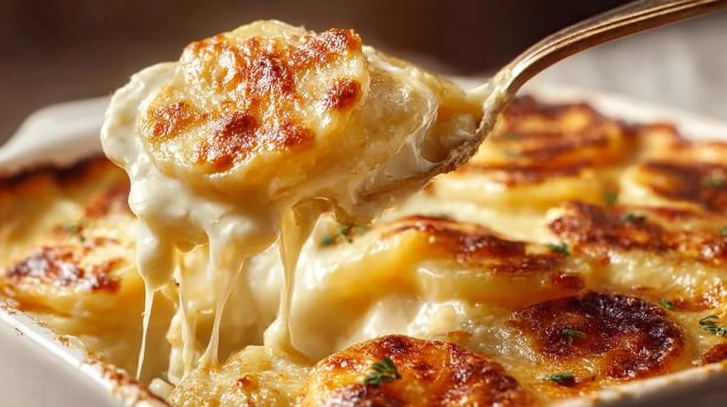 Ultimate cheesy scalloped potatoes baked until golden and creamy
