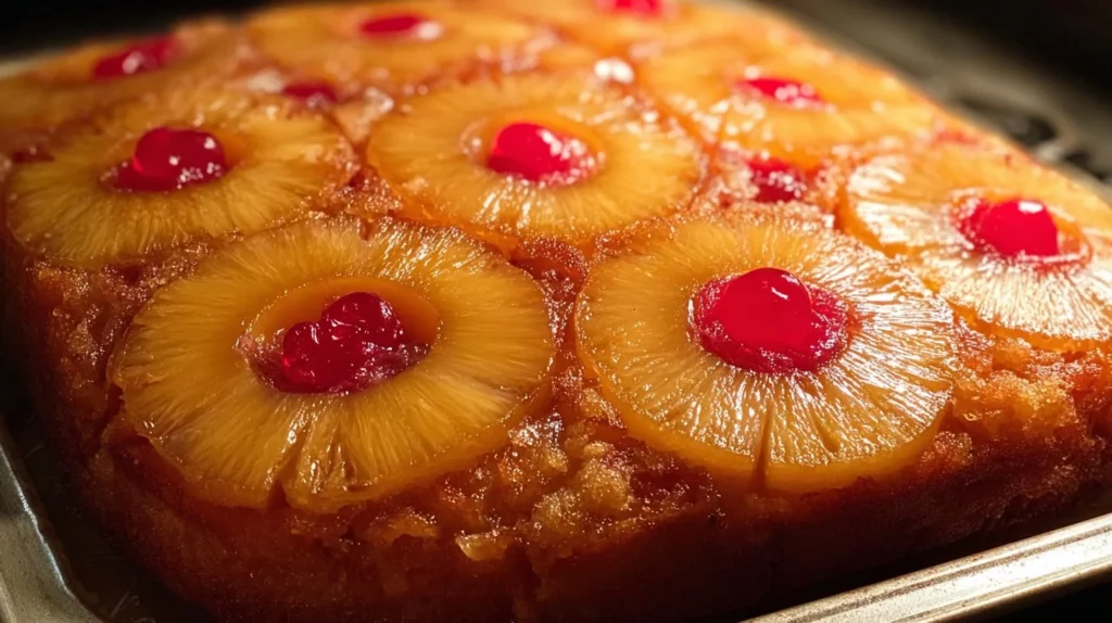 Delicious homemade upside-down cake with caramelized fruit topping.