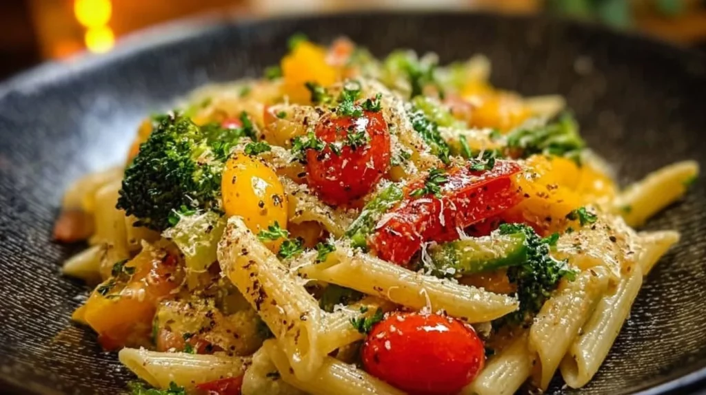 A colorful bowl of vibrant Pasta Primavera with fresh vegetables and herbs.