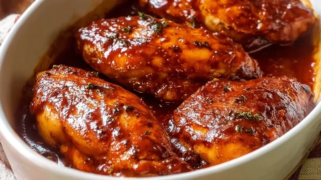 Juicy BBQ baked chicken breasts served on a plate with sides