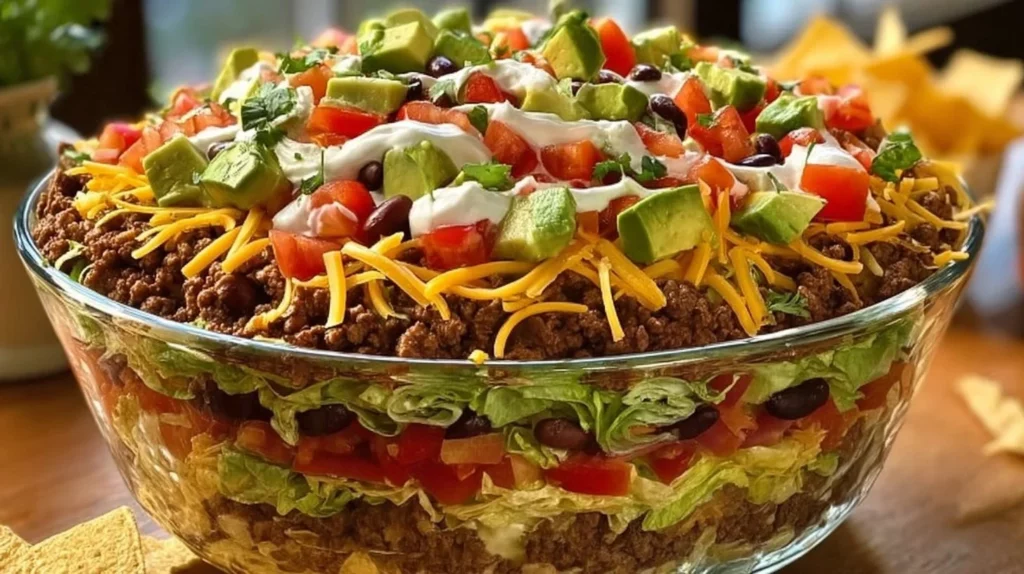 Colorful 7 Layer Taco Salad with beans, lettuce, cheese, and toppings