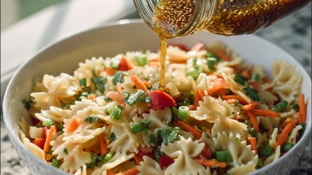 Colorful Asian pasta salad with fresh vegetables and sesame dressing